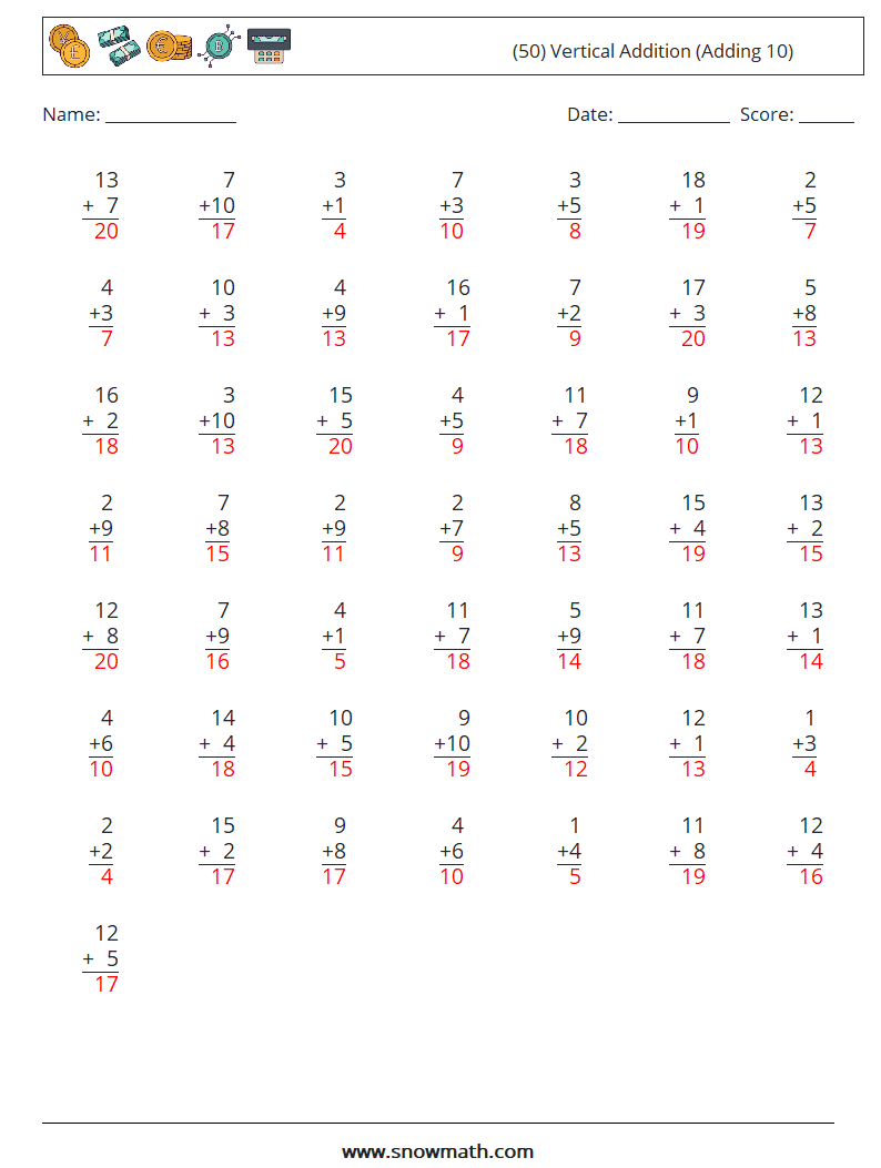 (50) Vertical  Addition (Adding 10) Math Worksheets 14 Question, Answer