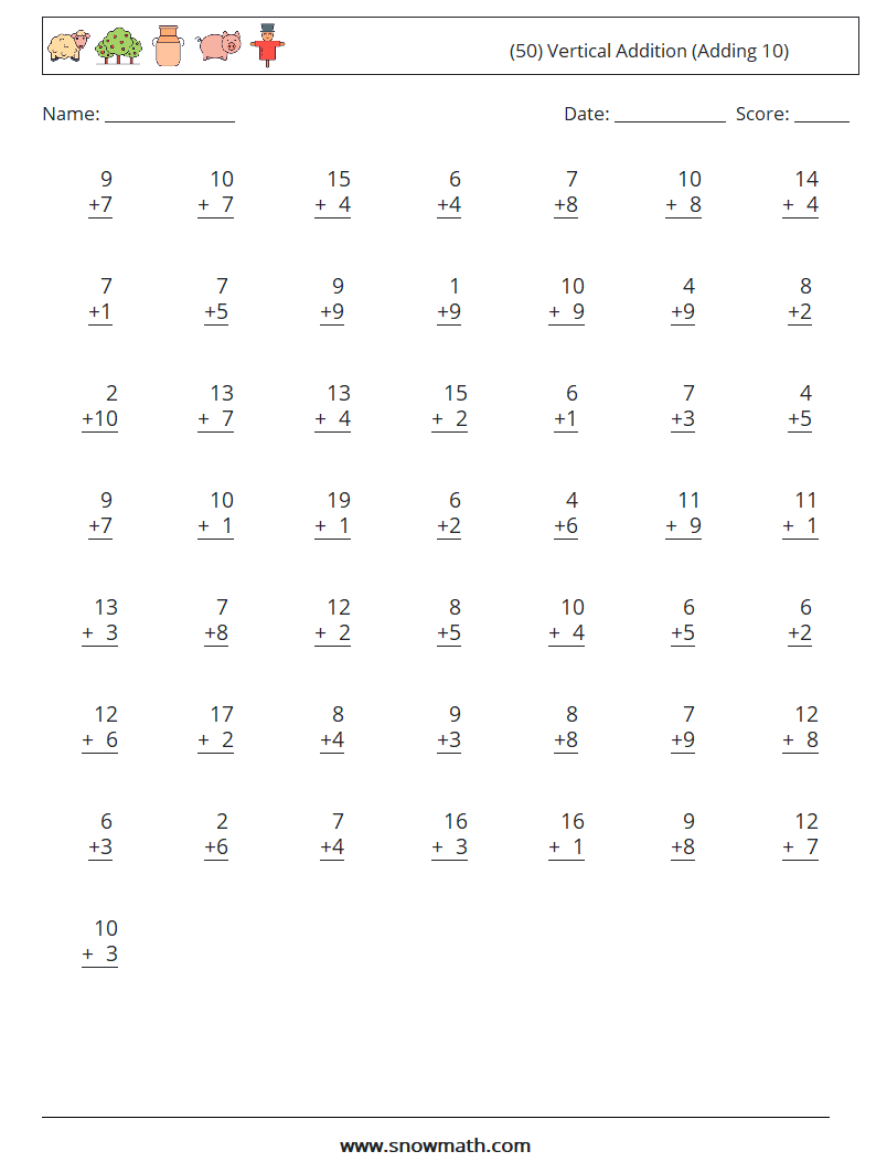 (50) Vertical  Addition (Adding 10) Math Worksheets 15