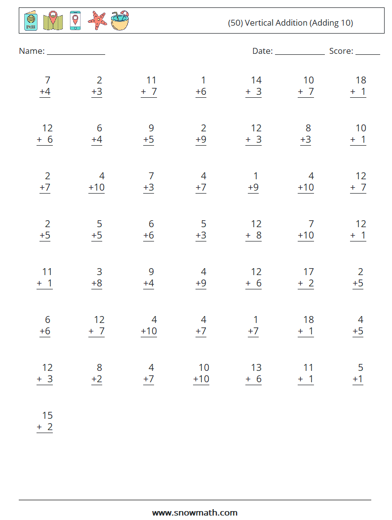 (50) Vertical  Addition (Adding 10) Math Worksheets 17