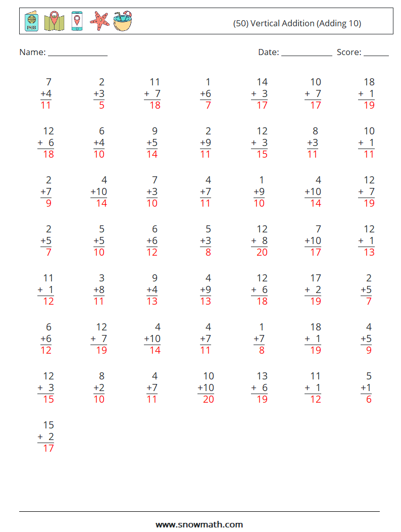 (50) Vertical  Addition (Adding 10) Math Worksheets 17 Question, Answer