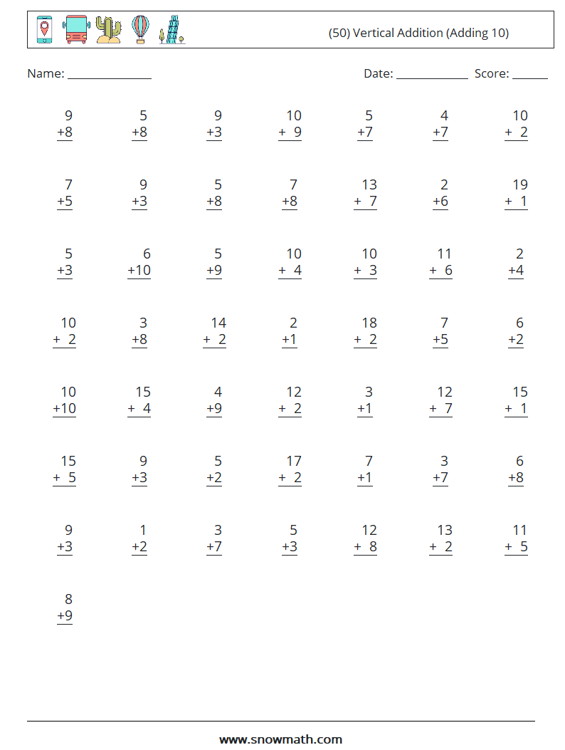 (50) Vertical  Addition (Adding 10) Math Worksheets 18