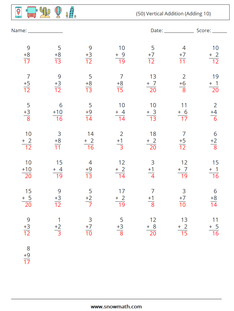 (50) Vertical  Addition (Adding 10) Math Worksheets 18 Question, Answer