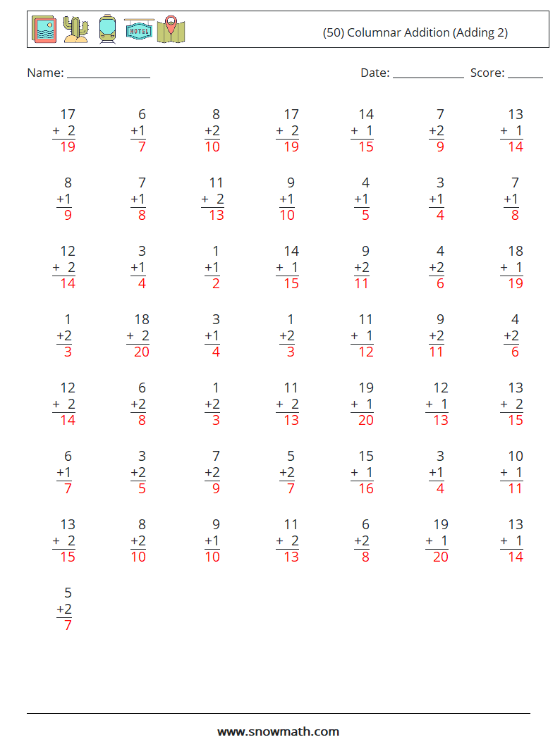 (50) Columnar Addition (Adding 2) Math Worksheets 12 Question, Answer