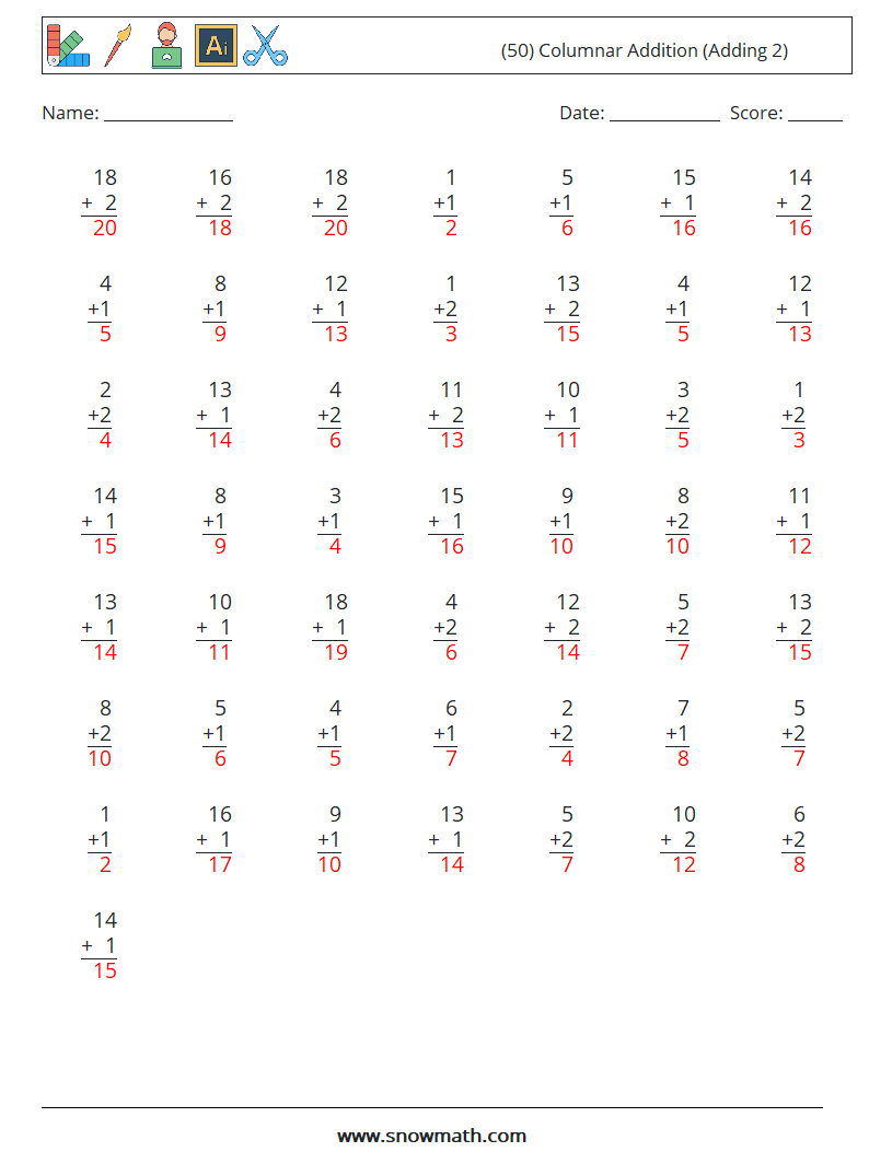 (50) Columnar Addition (Adding 2) Math Worksheets 16 Question, Answer