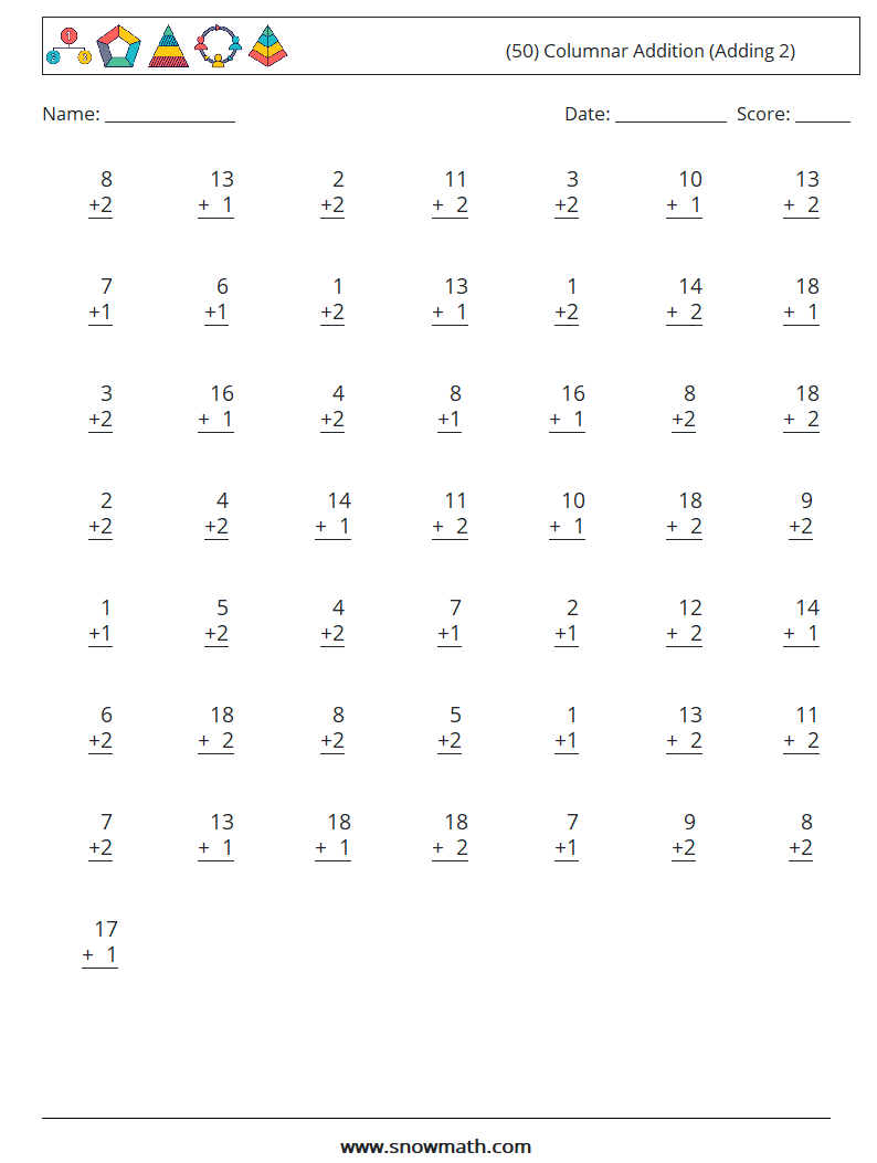 (50) Columnar Addition (Adding 2) Math Worksheets 18