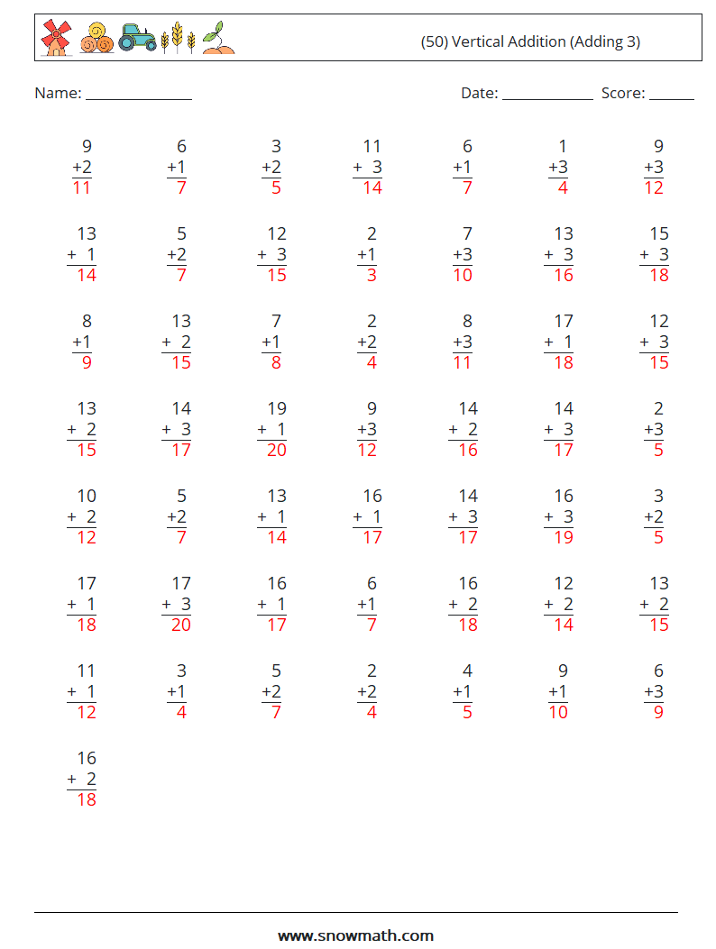 (50) Vertical  Addition (Adding 3) Math Worksheets 10 Question, Answer