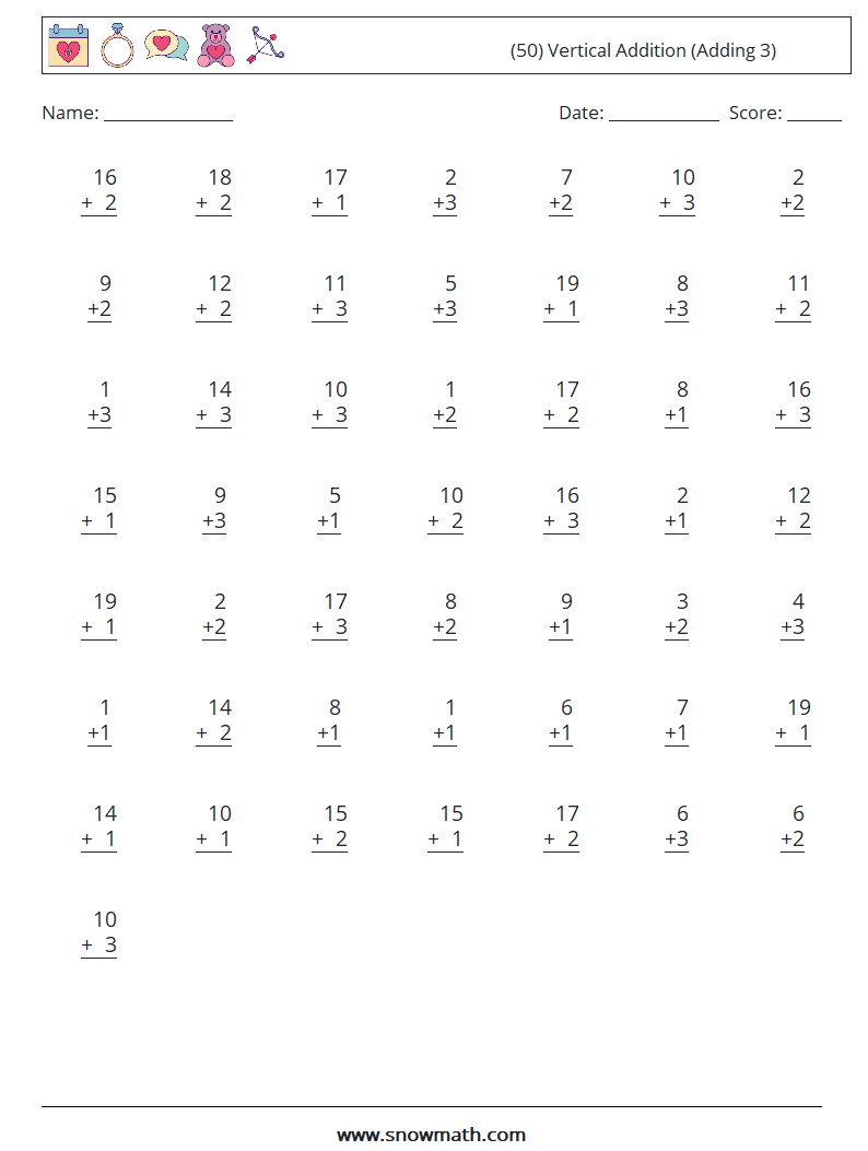 (50) Vertical  Addition (Adding 3) Math Worksheets 11