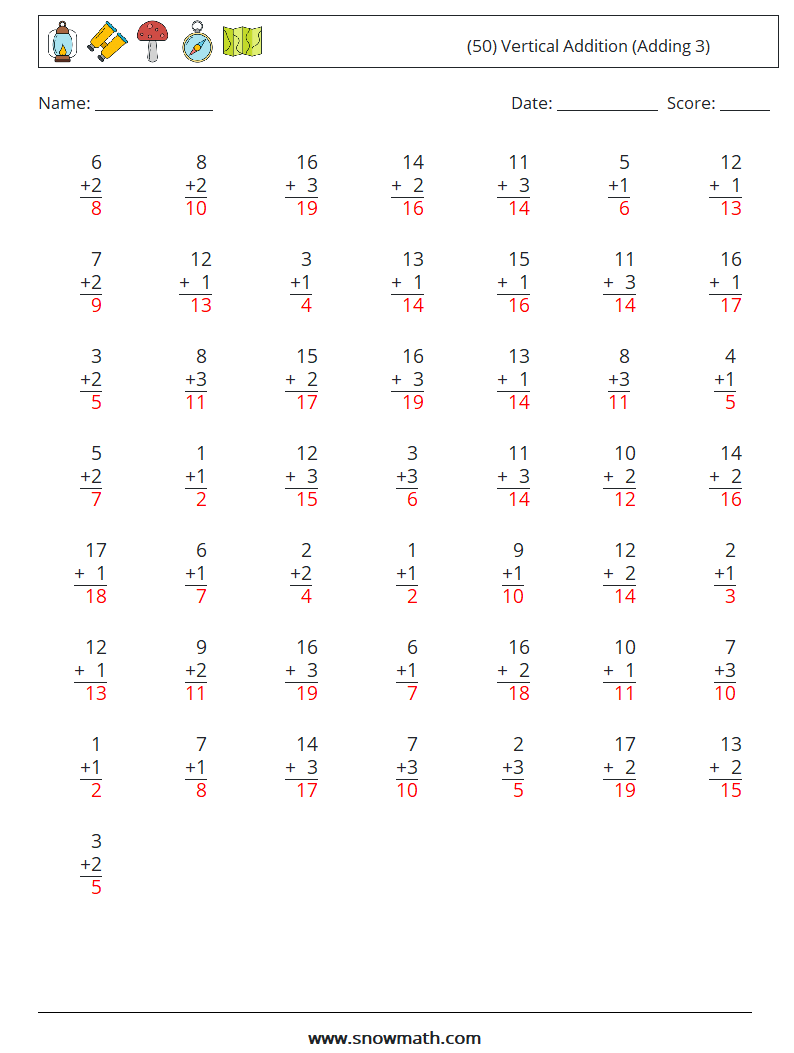 (50) Vertical  Addition (Adding 3) Math Worksheets 15 Question, Answer