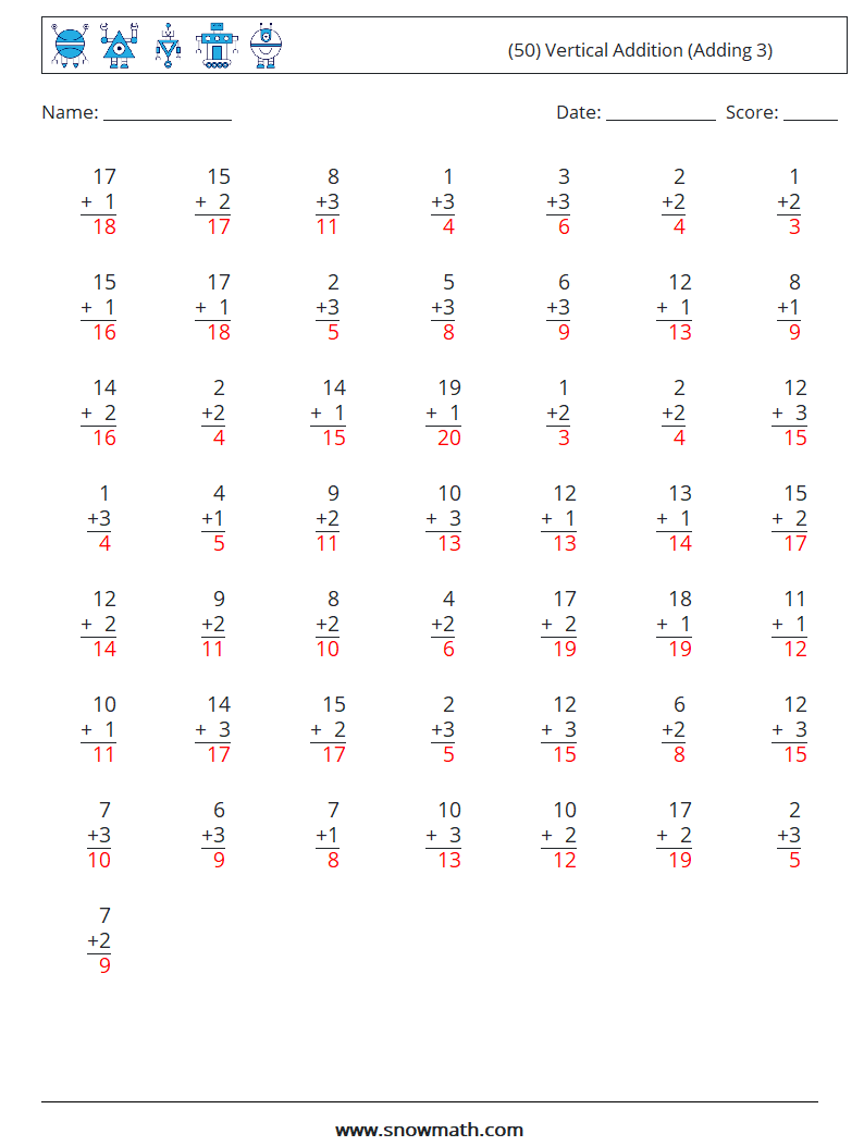 (50) Vertical  Addition (Adding 3) Math Worksheets 18 Question, Answer