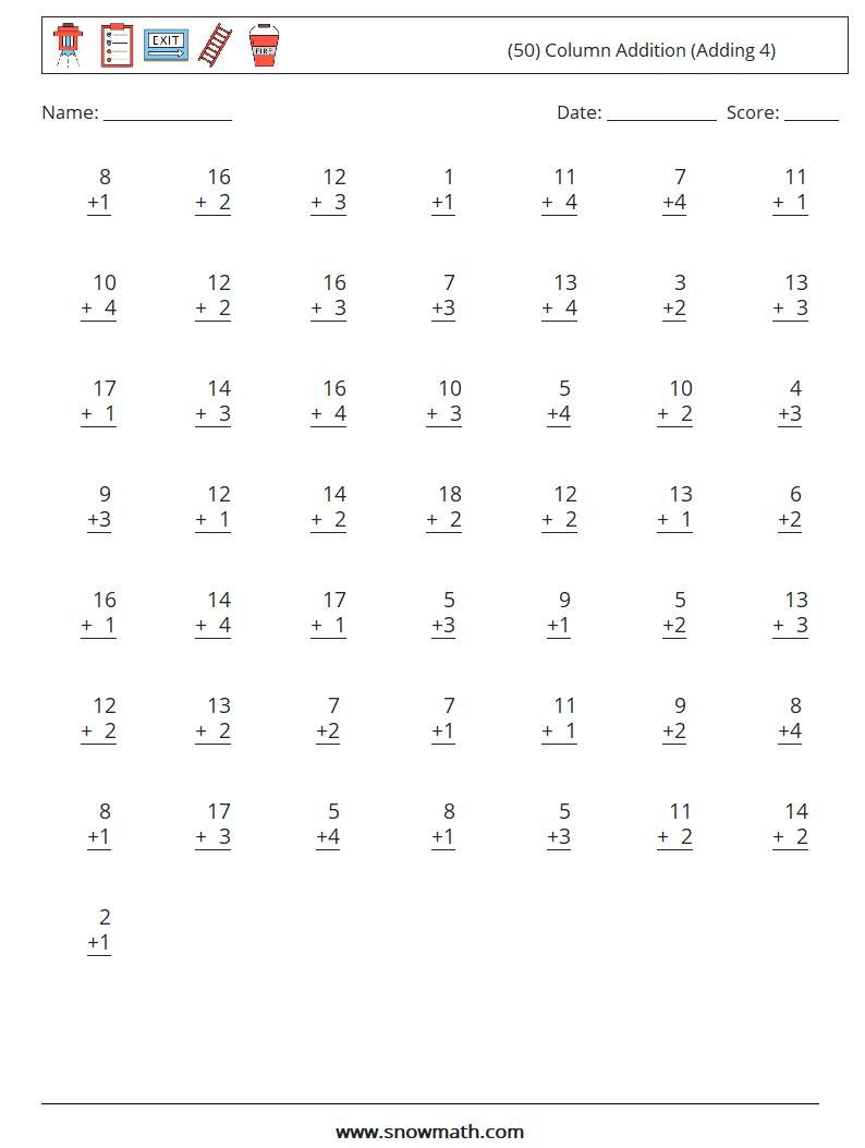 (50) Column Addition (Adding 4) Math Worksheets 10