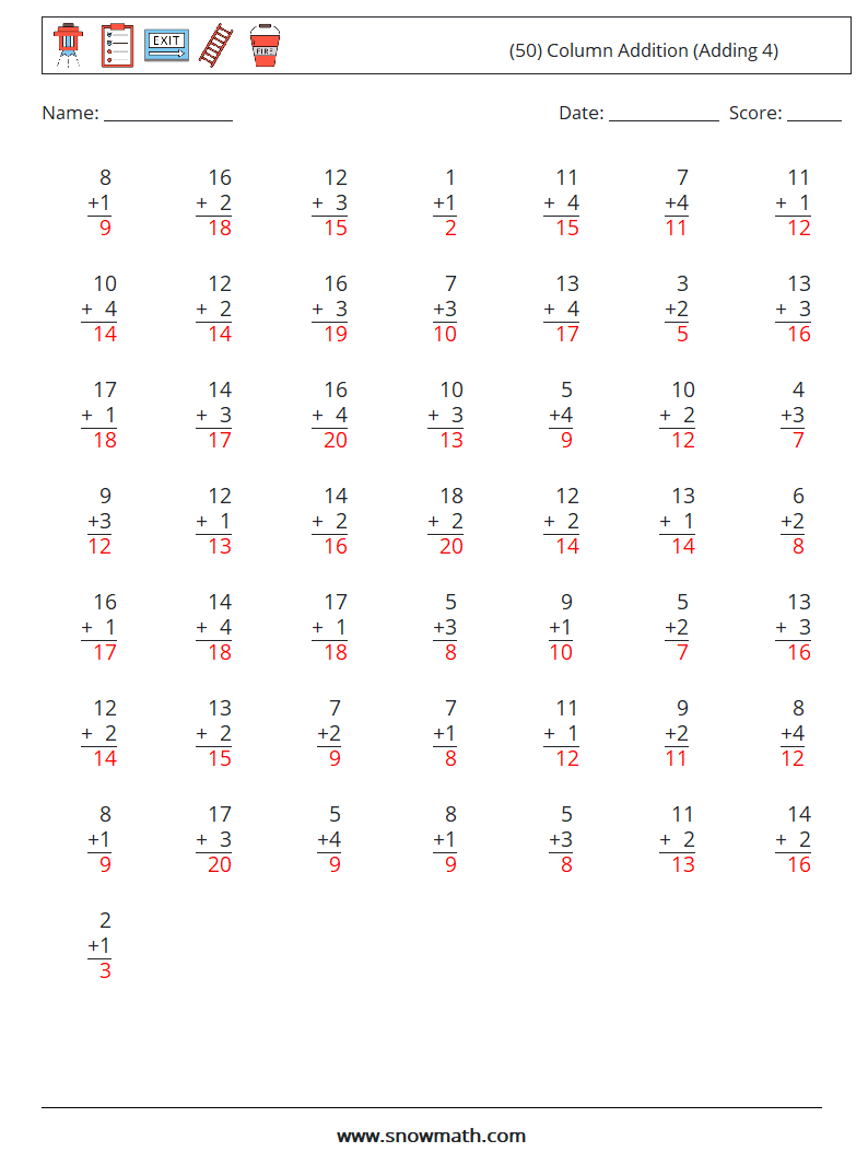 (50) Column Addition (Adding 4) Math Worksheets 10 Question, Answer