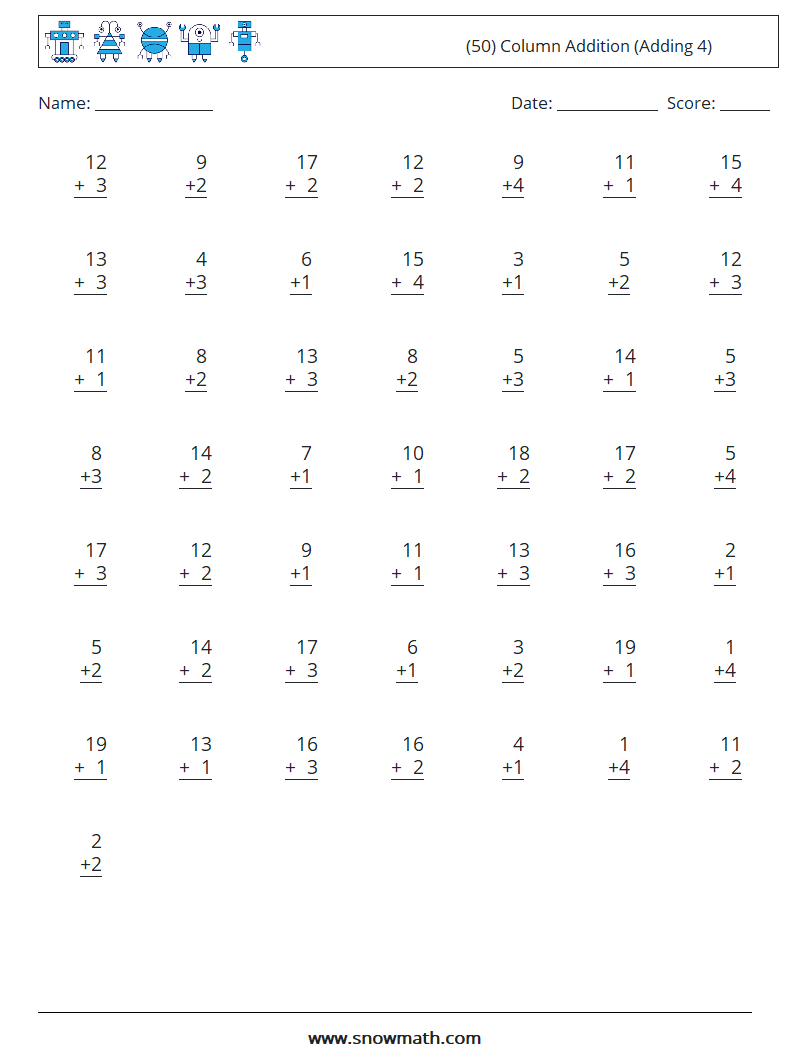 (50) Column Addition (Adding 4) Math Worksheets 11