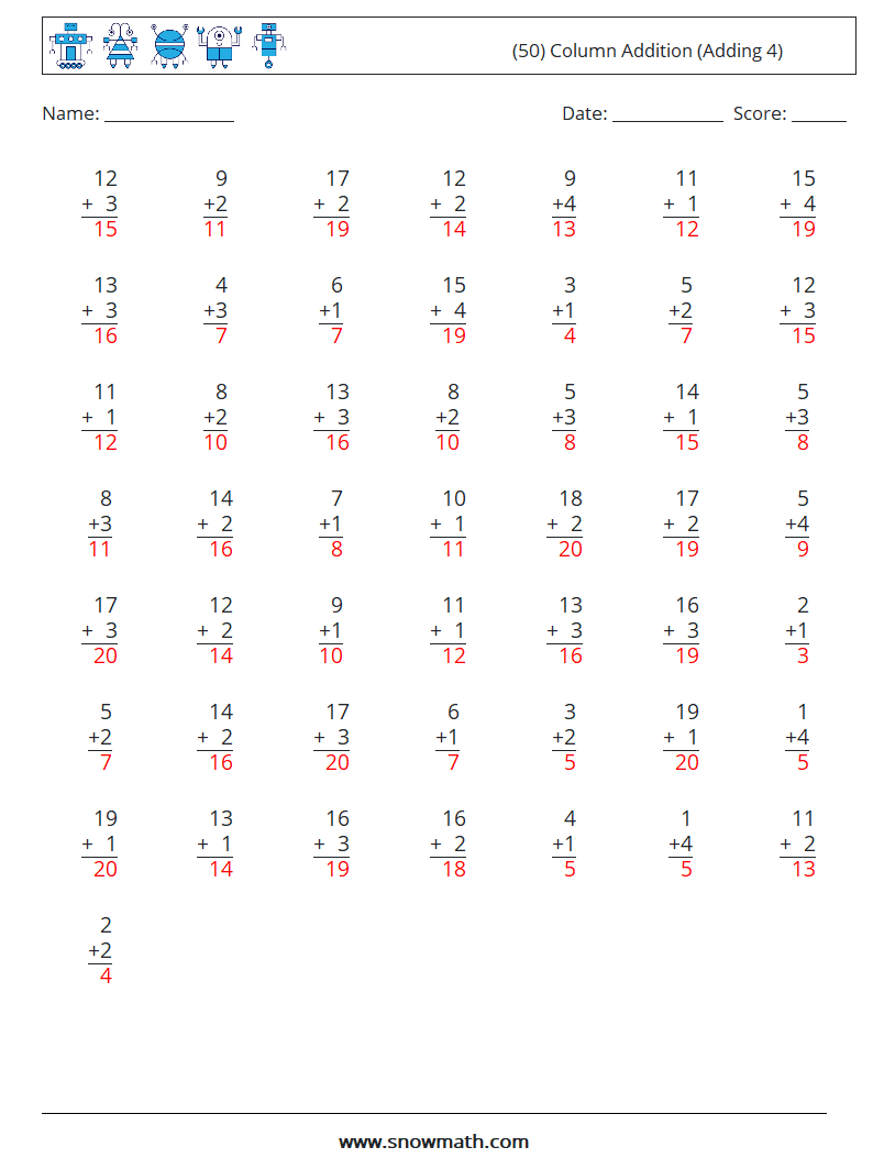 (50) Column Addition (Adding 4) Math Worksheets 11 Question, Answer