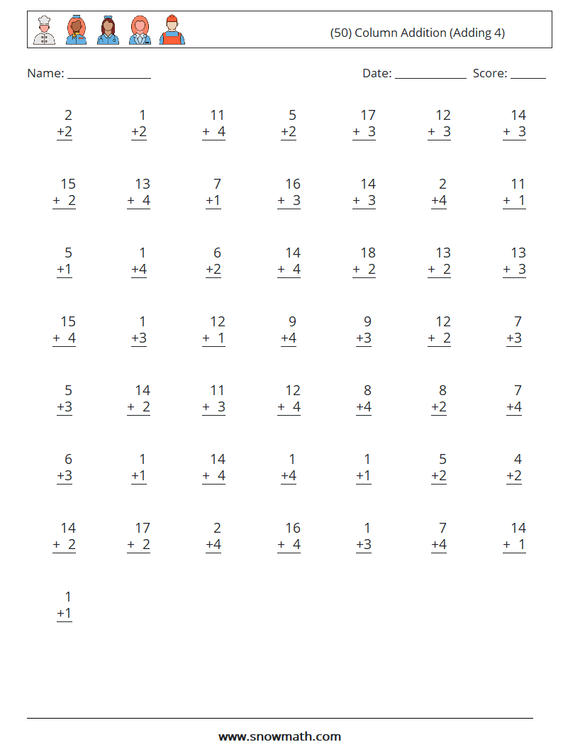 (50) Column Addition (Adding 4) Math Worksheets 12