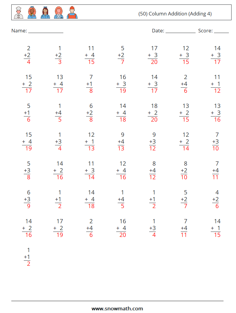 (50) Column Addition (Adding 4) Math Worksheets 12 Question, Answer