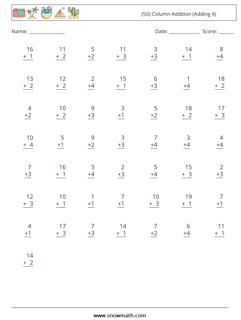 (50) Column Addition (Adding 4) Math Worksheets 13