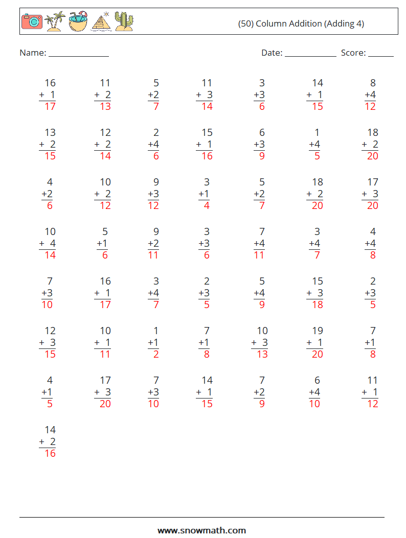 (50) Column Addition (Adding 4) Math Worksheets 13 Question, Answer