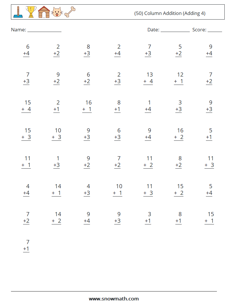 (50) Column Addition (Adding 4) Math Worksheets 14