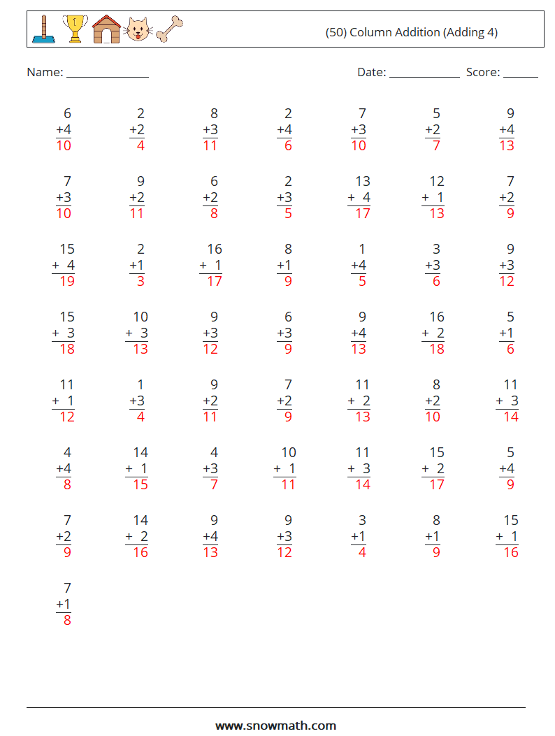 (50) Column Addition (Adding 4) Math Worksheets 14 Question, Answer