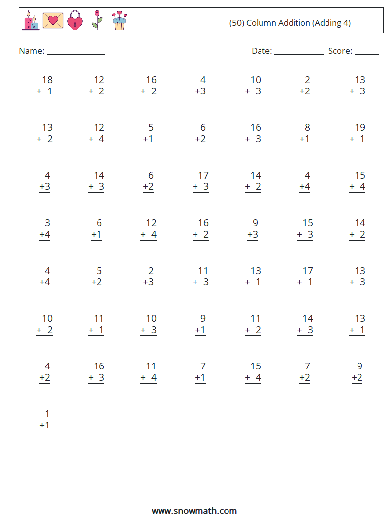 (50) Column Addition (Adding 4) Math Worksheets 15