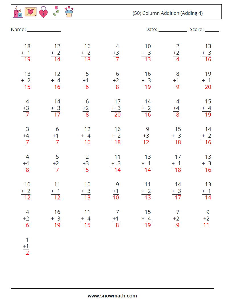 (50) Column Addition (Adding 4) Math Worksheets 15 Question, Answer