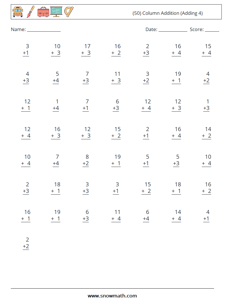 (50) Column Addition (Adding 4) Math Worksheets 16