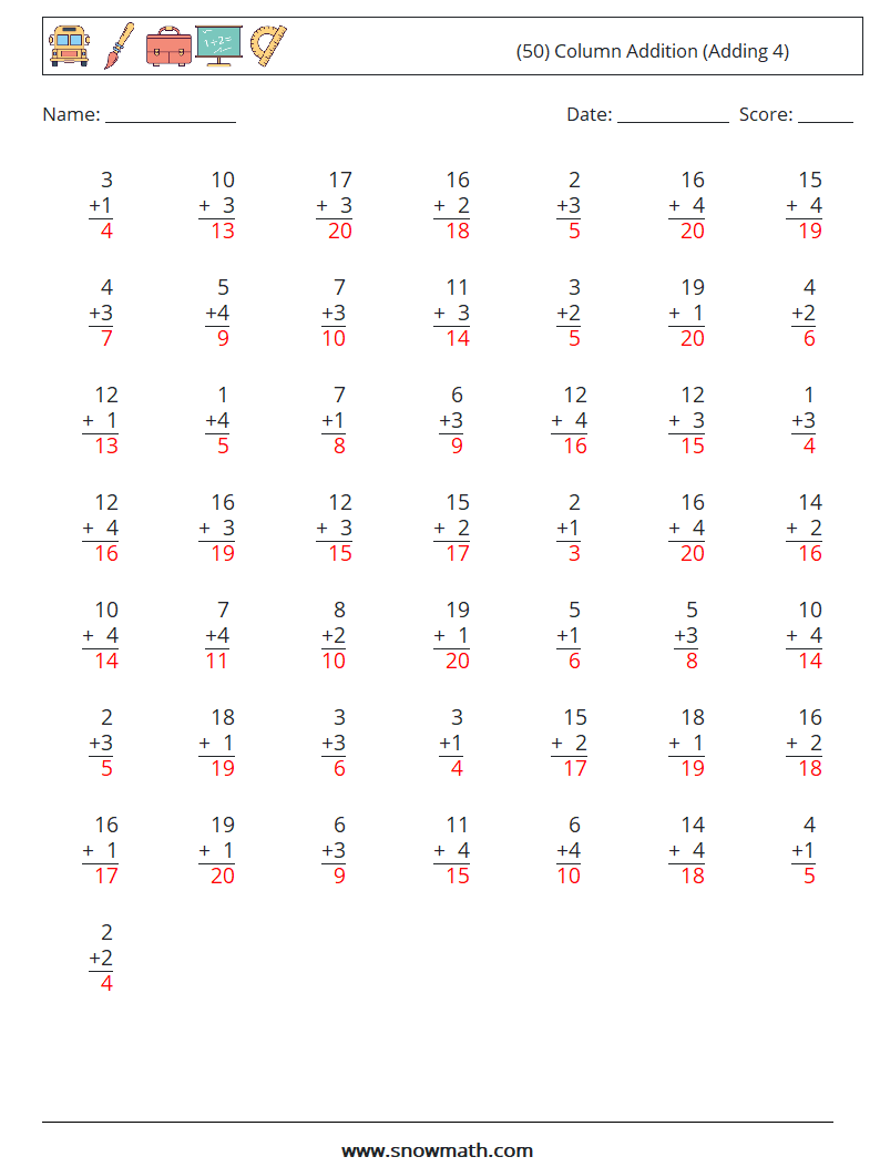 (50) Column Addition (Adding 4) Math Worksheets 16 Question, Answer