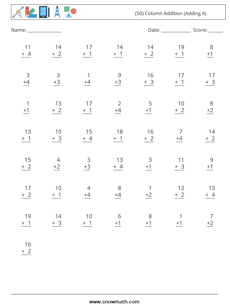 (50) Column Addition (Adding 4) Math Worksheets 18