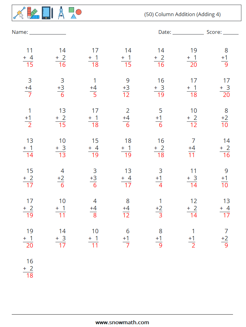 (50) Column Addition (Adding 4) Math Worksheets 18 Question, Answer