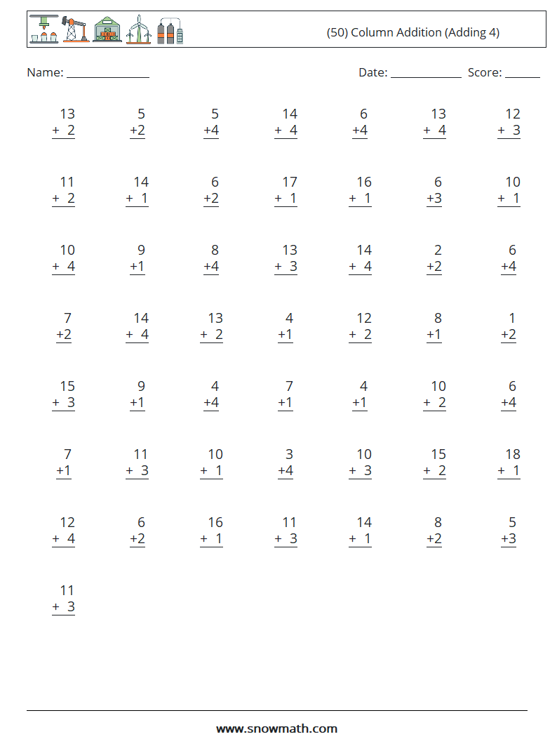 (50) Column Addition (Adding 4) Math Worksheets 8