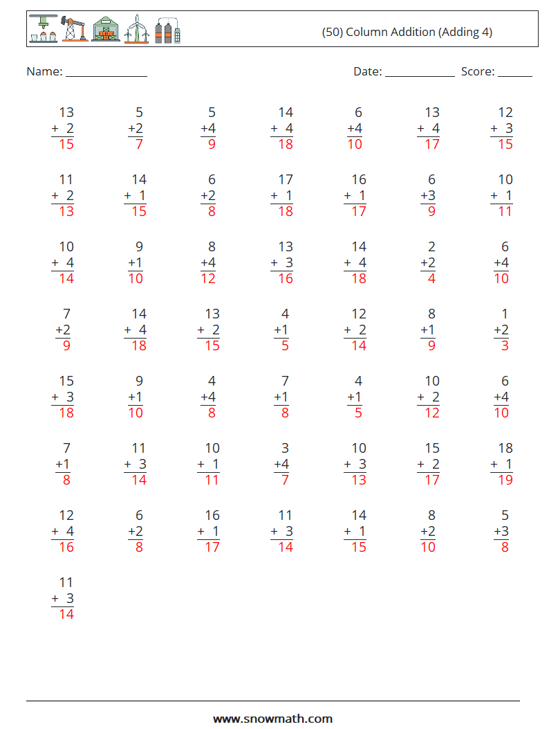 (50) Column Addition (Adding 4) Math Worksheets 8 Question, Answer