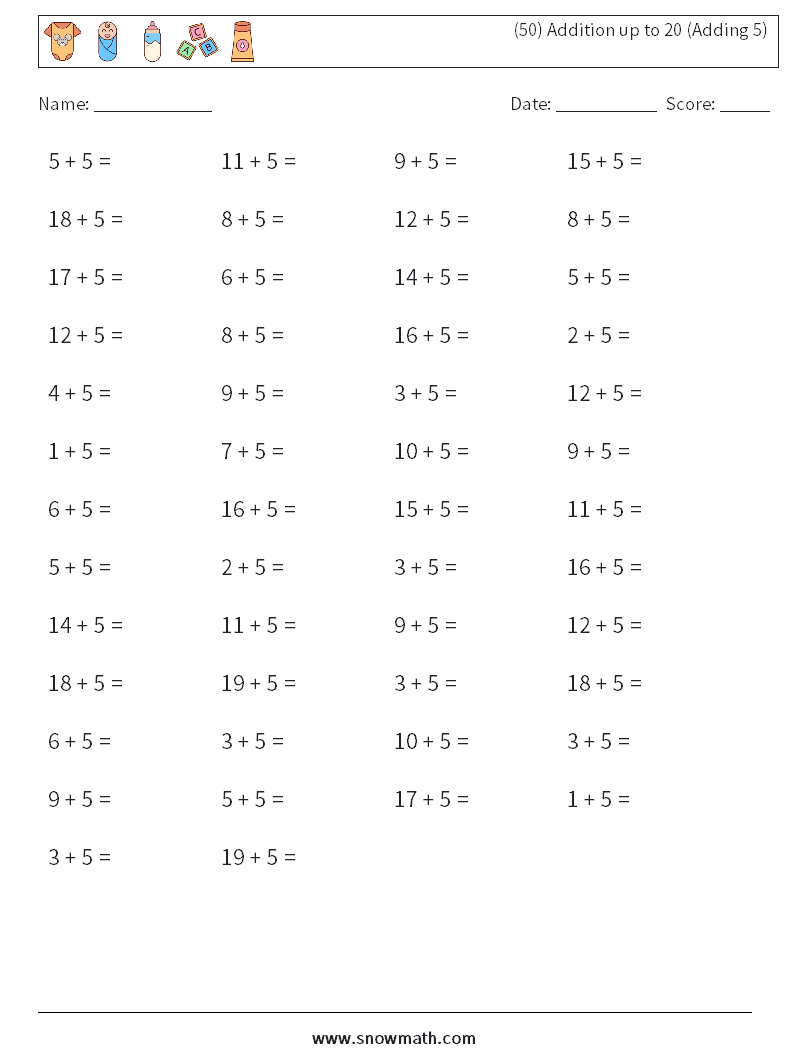 (50) Addition up to 20 (Adding 5) Math Worksheets 3