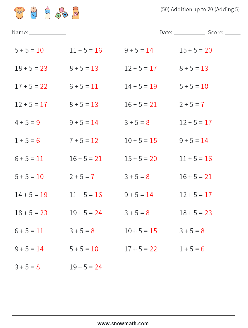 (50) Addition up to 20 (Adding 5) Math Worksheets 3 Question, Answer