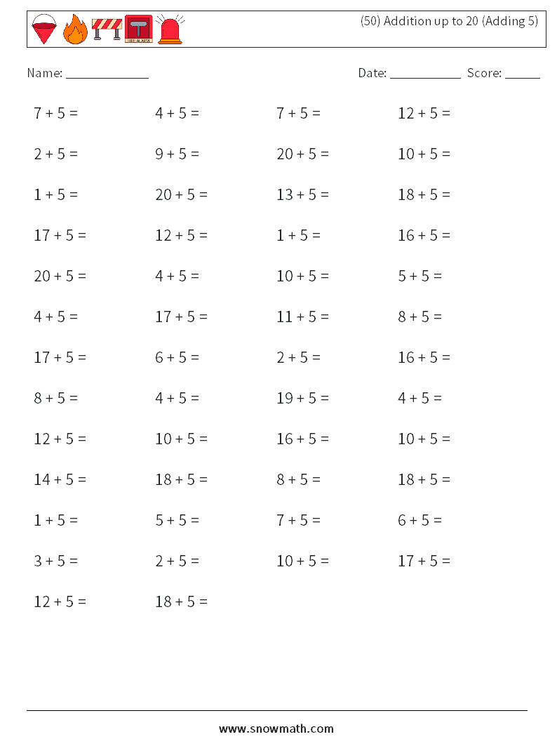 (50) Addition up to 20 (Adding 5) Math Worksheets 4