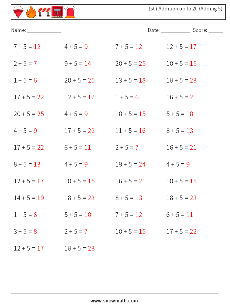 (50) Addition up to 20 (Adding 5) Math Worksheets 4 Question, Answer