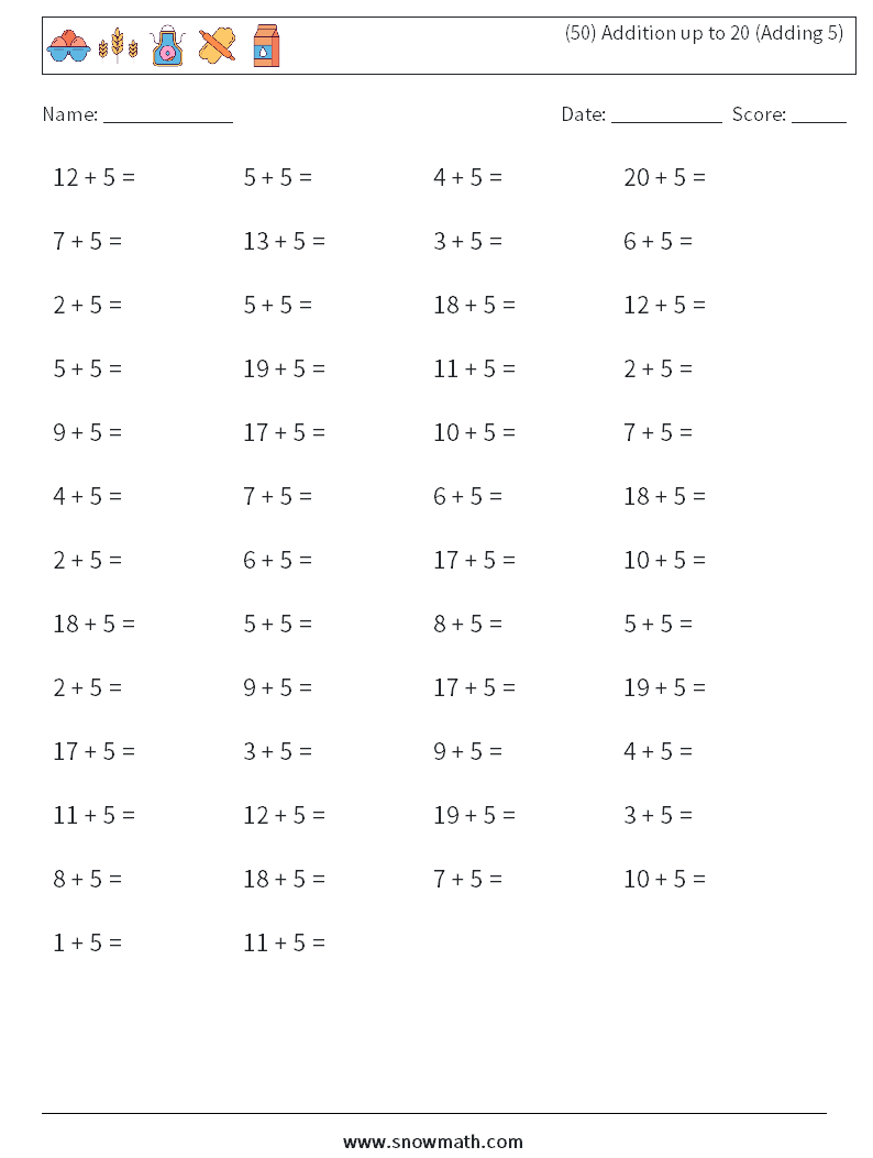 (50) Addition up to 20 (Adding 5) Math Worksheets 8