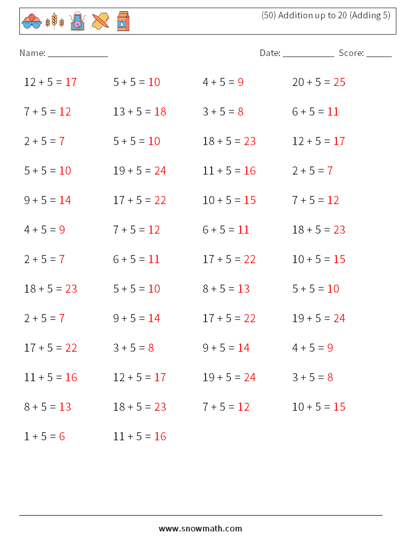 (50) Addition up to 20 (Adding 5) Math Worksheets 8 Question, Answer