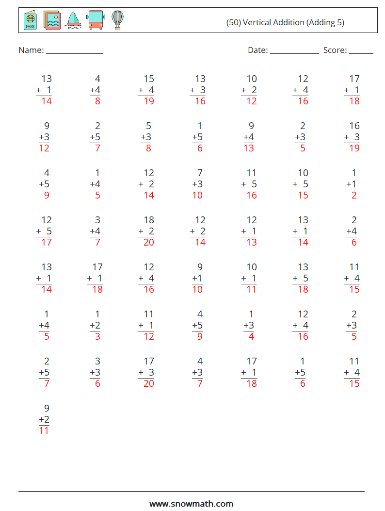 (50) Vertical  Addition (Adding 5) Math Worksheets 12 Question, Answer