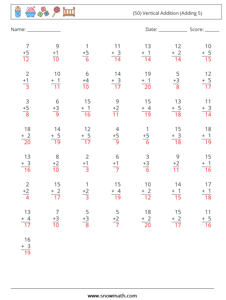 (50) Vertical  Addition (Adding 5) Math Worksheets 13 Question, Answer