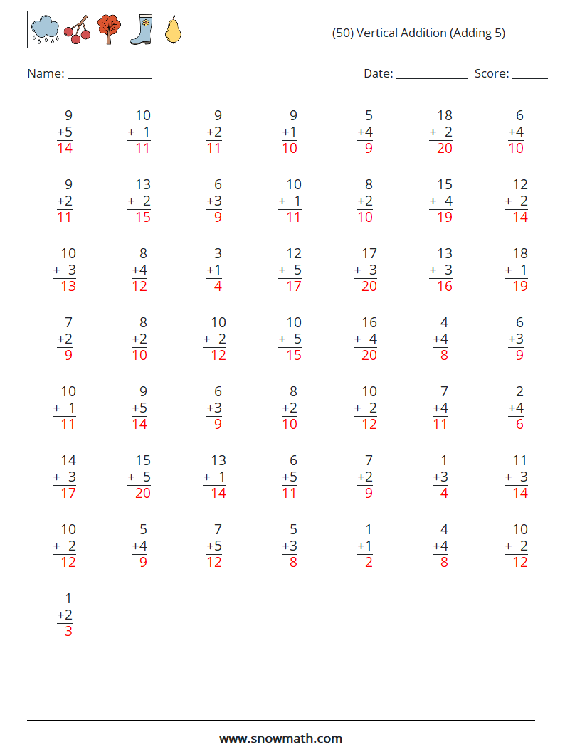 (50) Vertical  Addition (Adding 5) Math Worksheets 15 Question, Answer