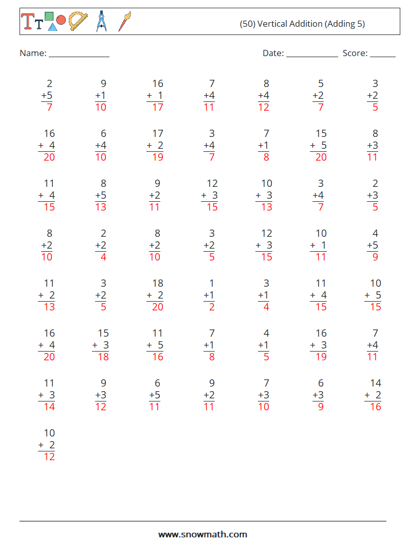 (50) Vertical  Addition (Adding 5) Math Worksheets 17 Question, Answer