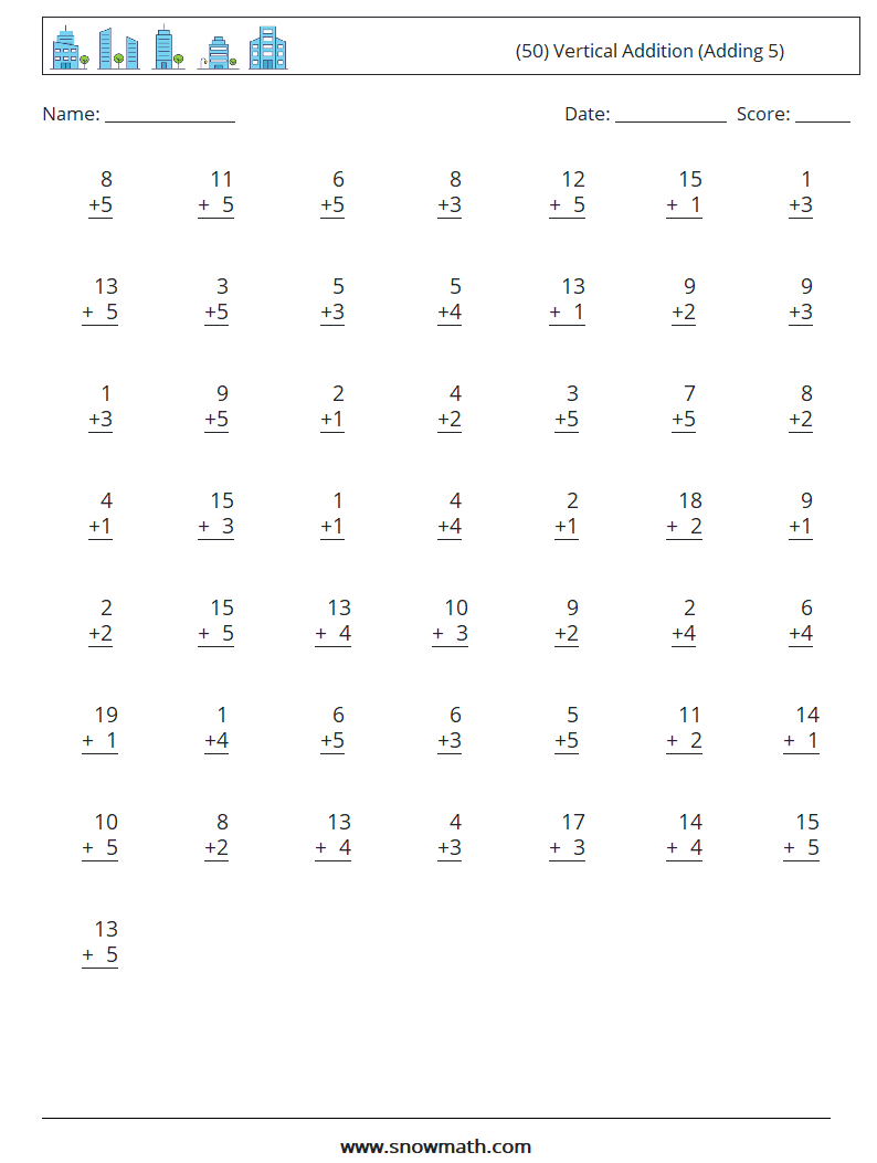 (50) Vertical  Addition (Adding 5) Math Worksheets 18