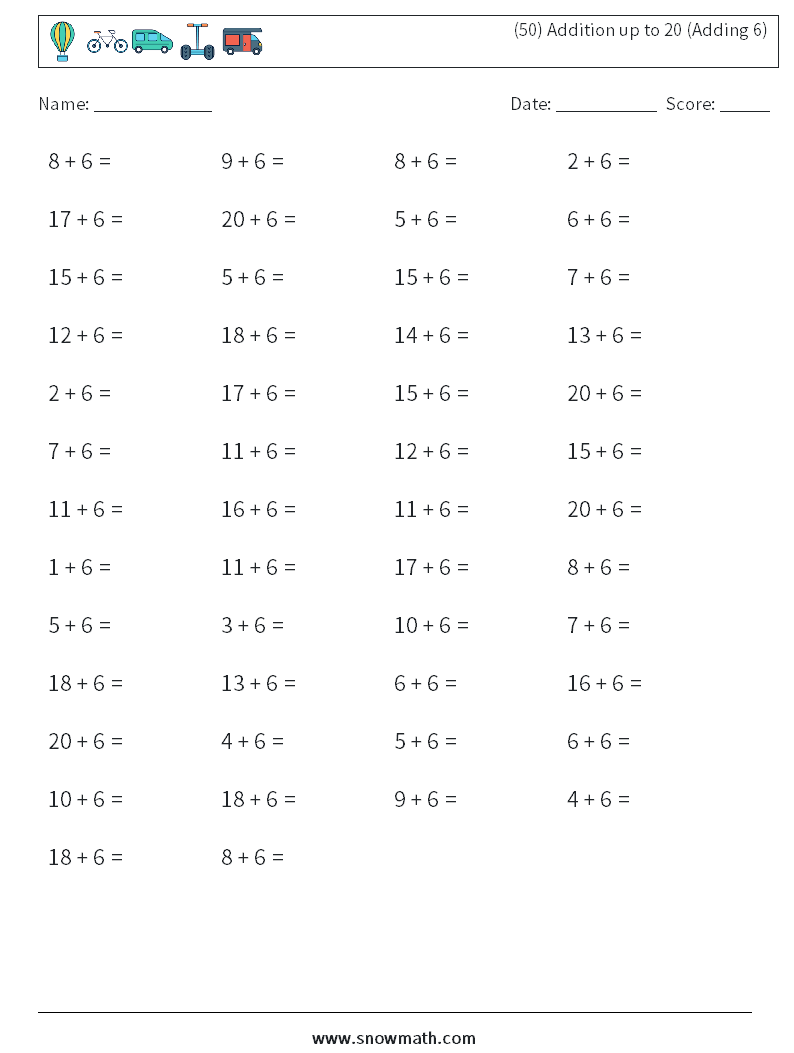 (50) Addition up to 20 (Adding 6) Math Worksheets 1