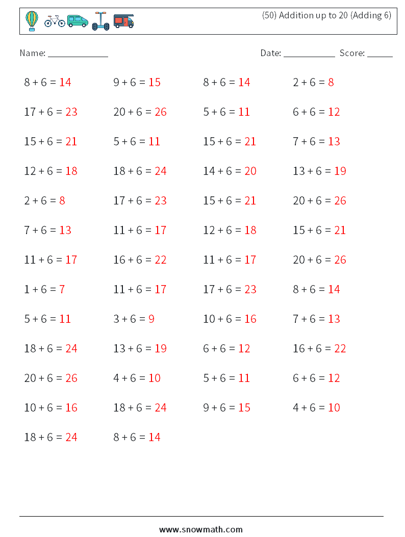(50) Addition up to 20 (Adding 6) Math Worksheets 1 Question, Answer