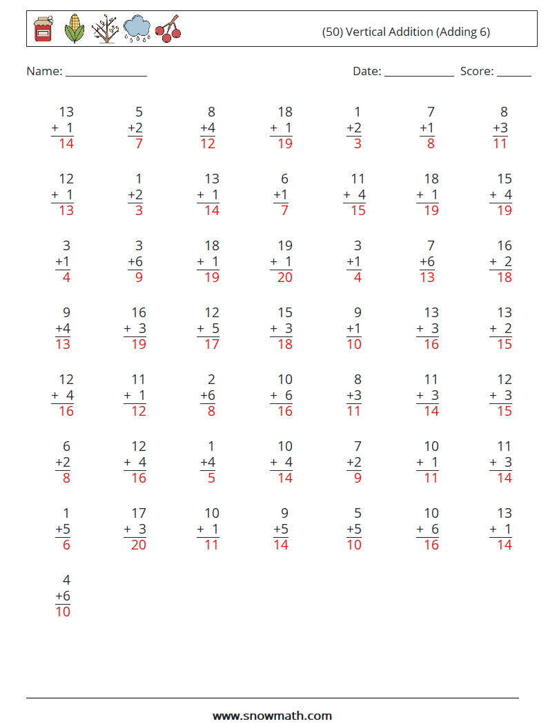 (50) Vertical  Addition (Adding 6) Math Worksheets 12 Question, Answer