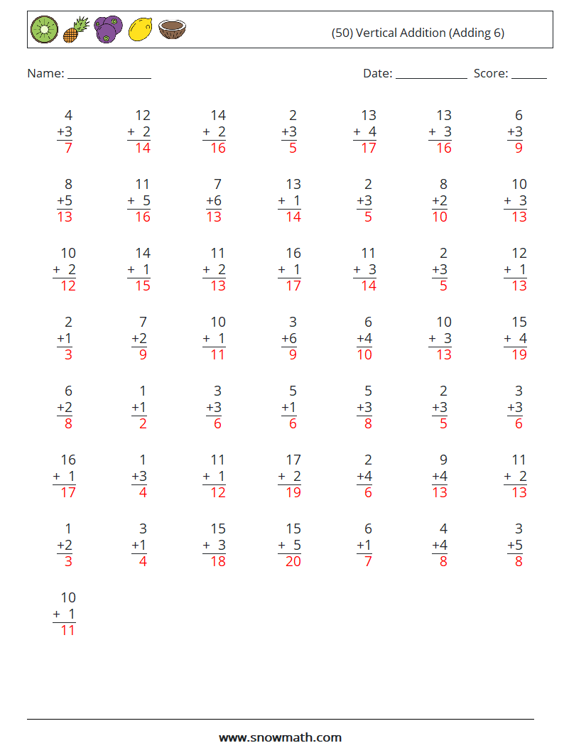 (50) Vertical  Addition (Adding 6) Math Worksheets 18 Question, Answer