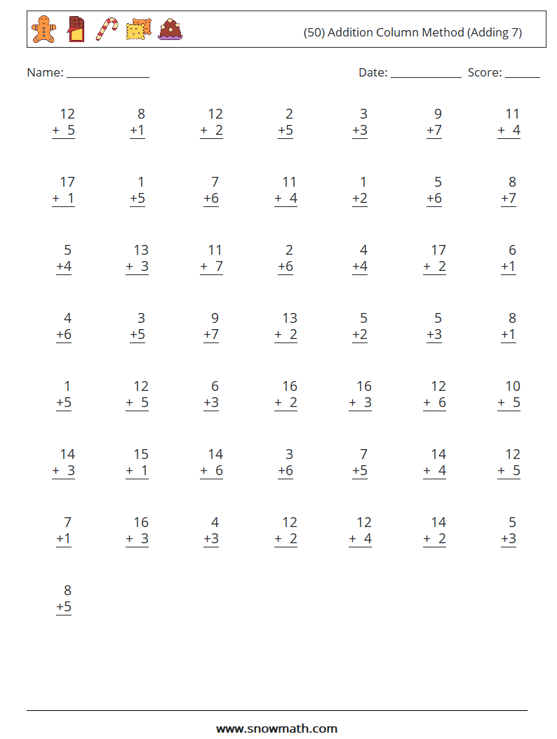 (50) Addition Column Method (Adding 7) Math Worksheets 14