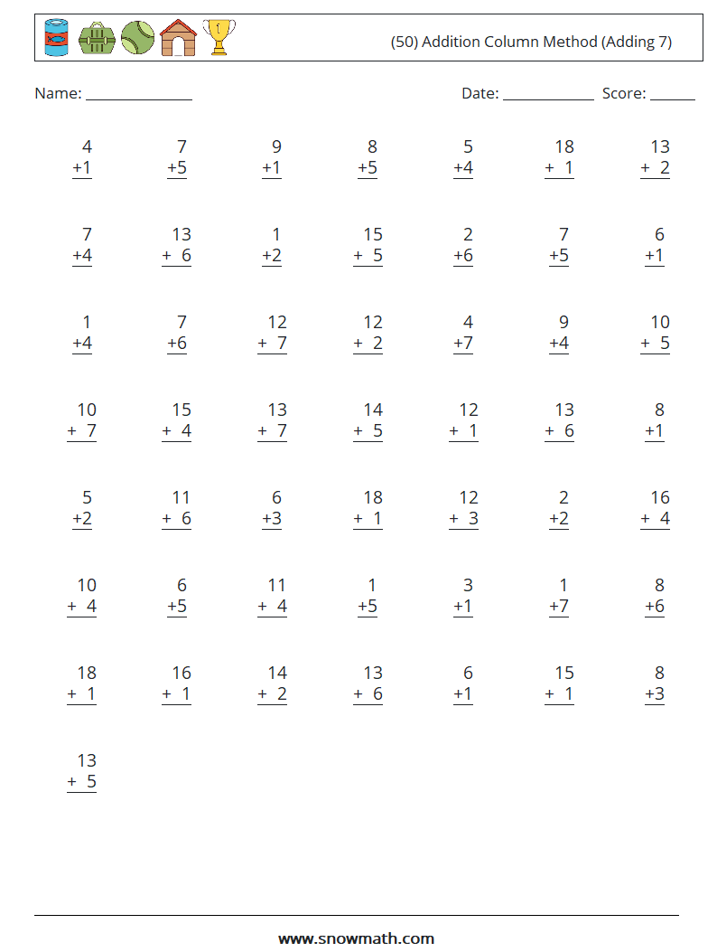 (50) Addition Column Method (Adding 7) Math Worksheets 15