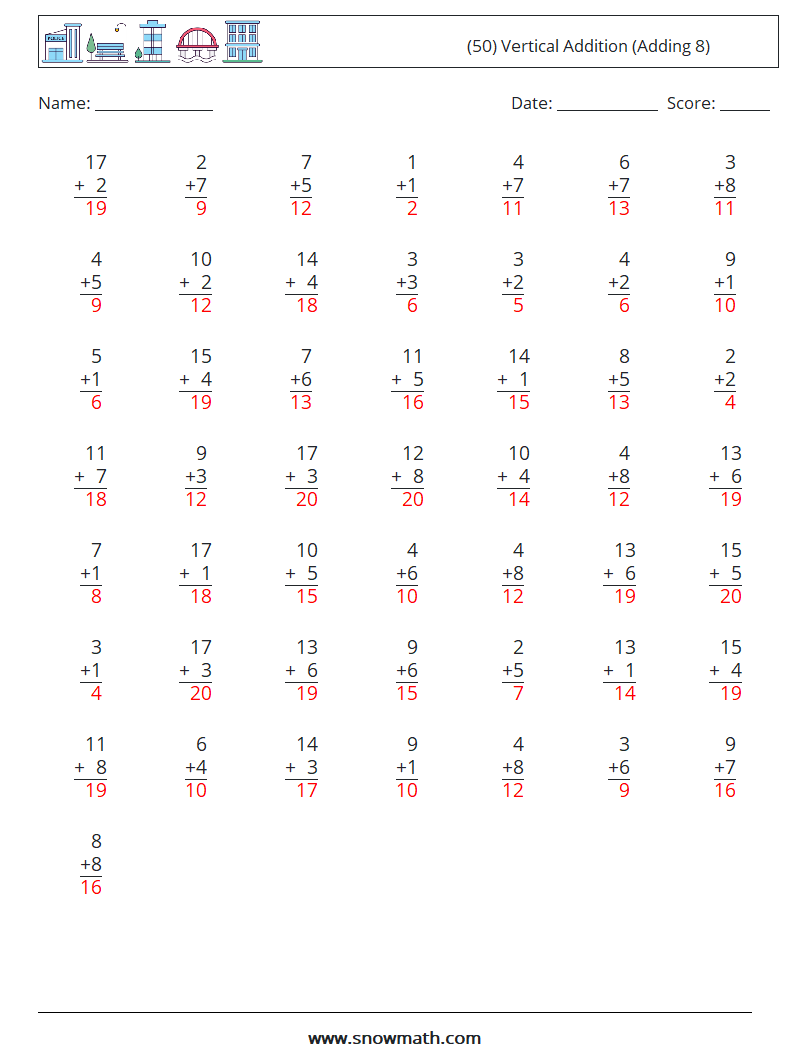 (50) Vertical  Addition (Adding 8) Math Worksheets 11 Question, Answer