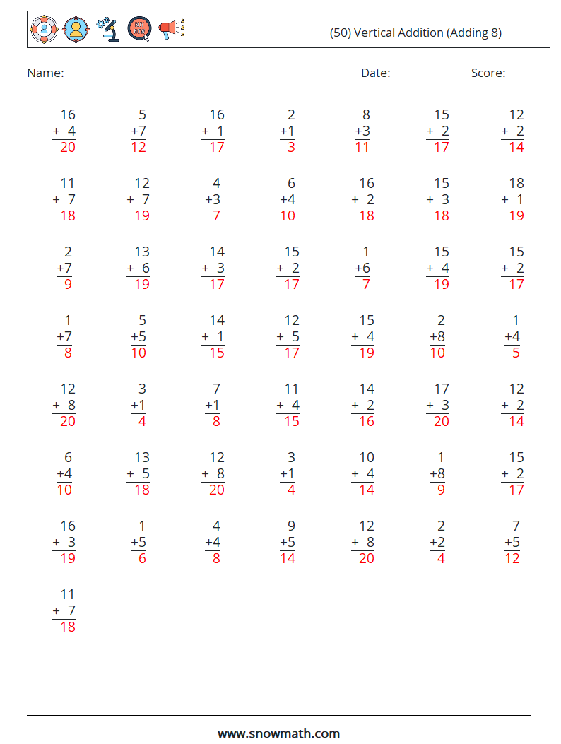 (50) Vertical  Addition (Adding 8) Math Worksheets 18 Question, Answer